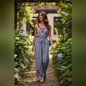 Sequin Hearts Blue Striped Floral Polyester Jumpsuit Size L